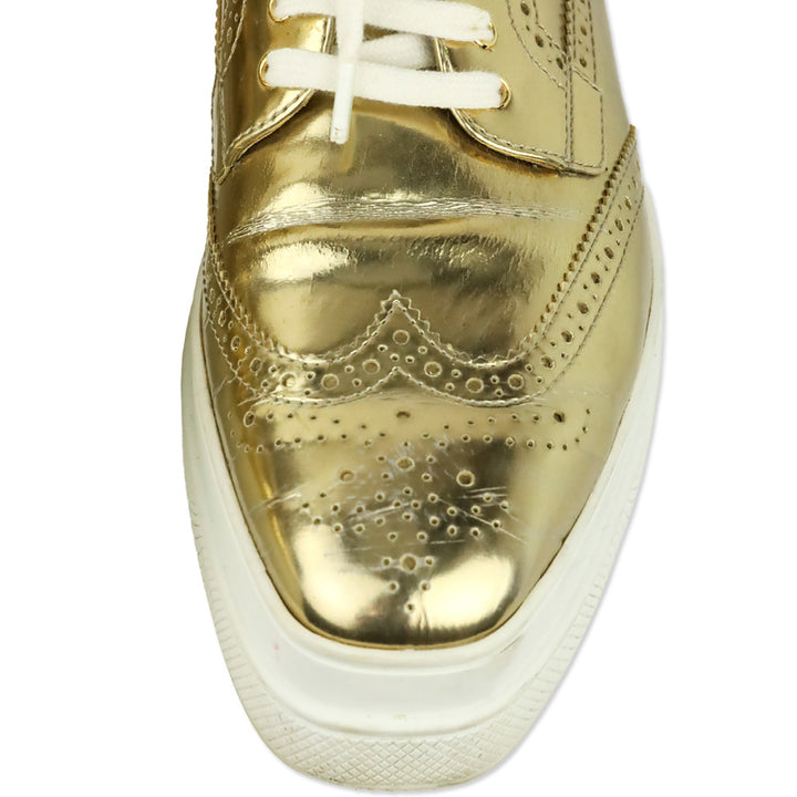 Prada Metallic Gold Brogue Wingtip Platform Sneakers