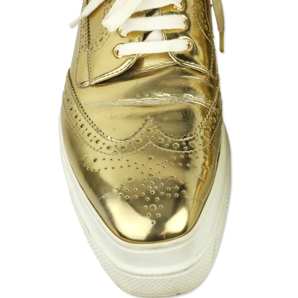 Prada Metallic Gold Brogue Wingtip Platform Sneakers