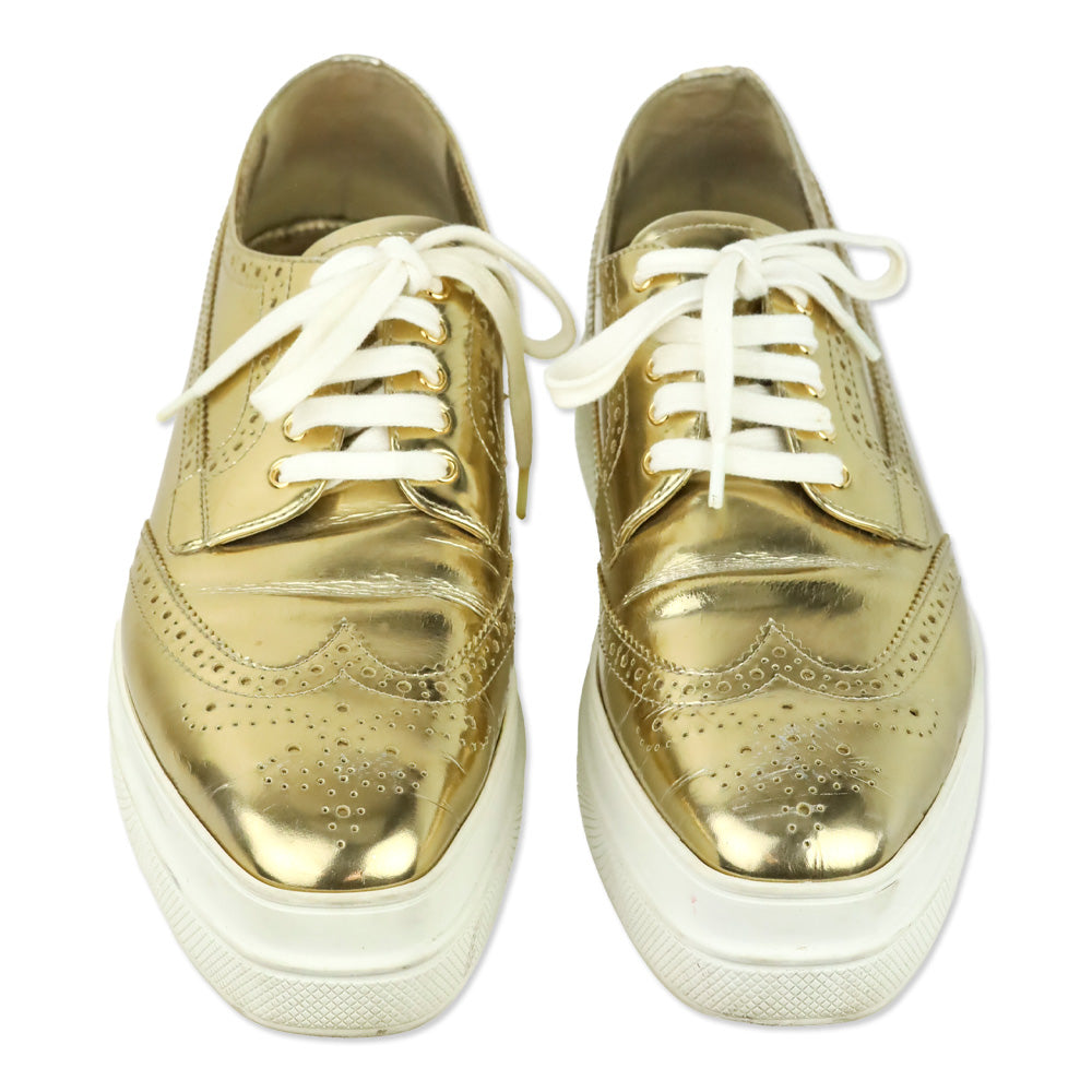 Prada Metallic Gold Brogue Wingtip Platform Sneakers