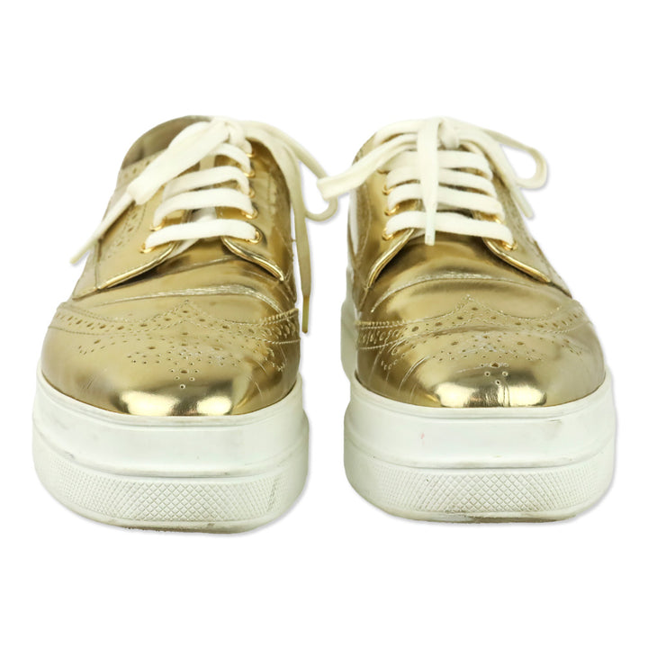 Prada Metallic Gold Brogue Wingtip Platform Sneakers