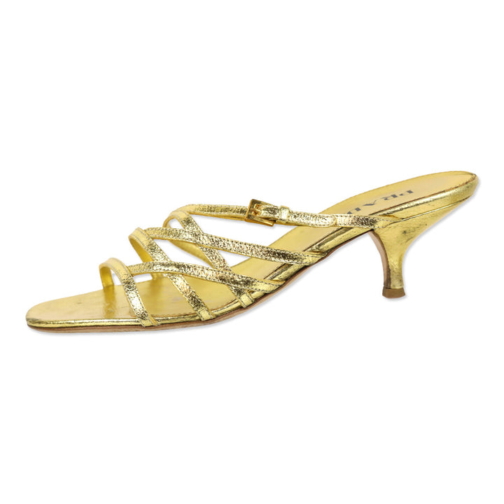 Prada Metallic Gold Leather Strappy Kitten Heel Sandal