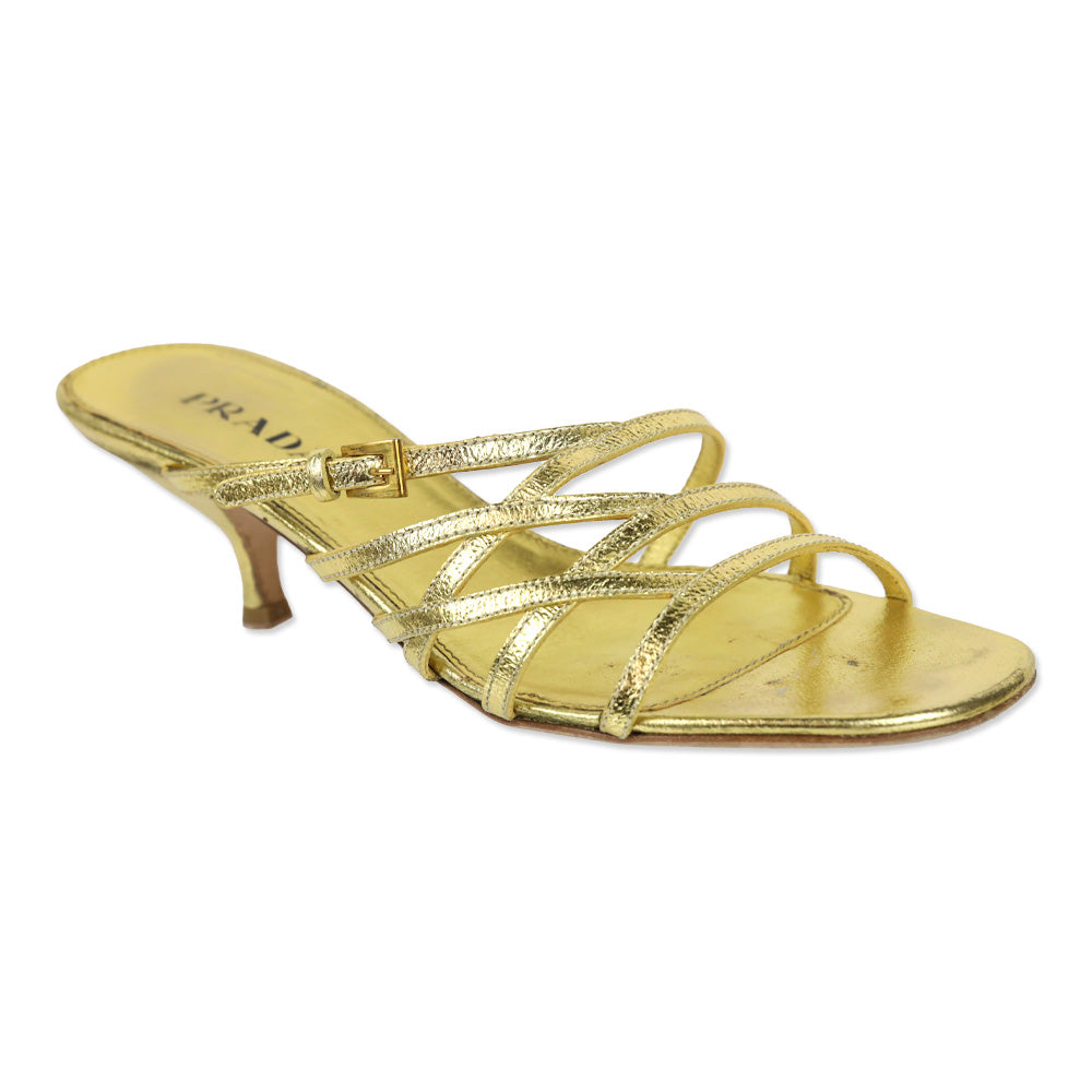 Prada Metallic Gold Leather Strappy Kitten Heel Sandal