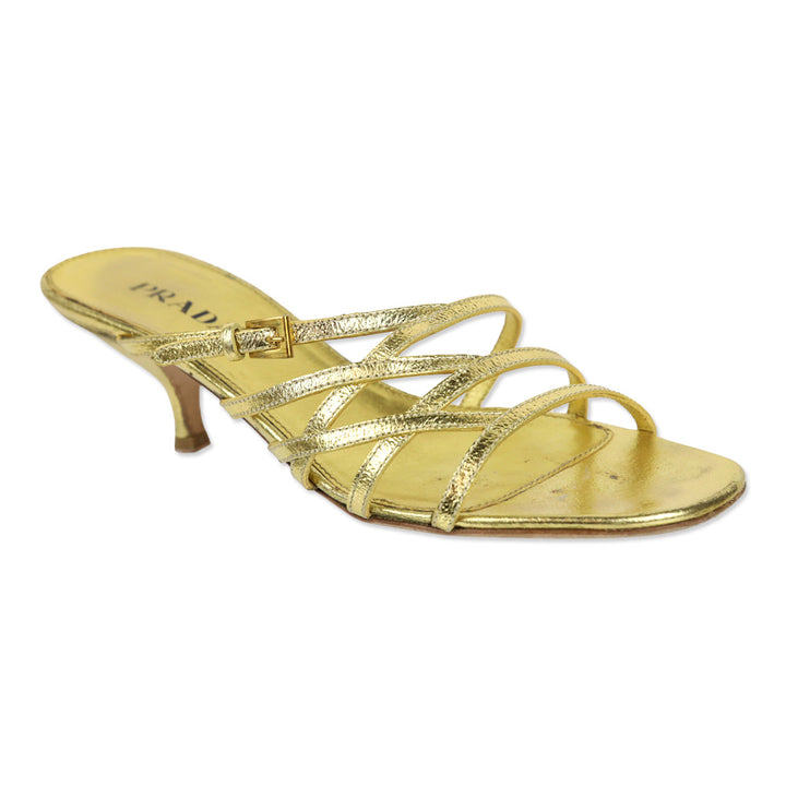 Prada Metallic Gold Leather Strappy Kitten Heel Sandal