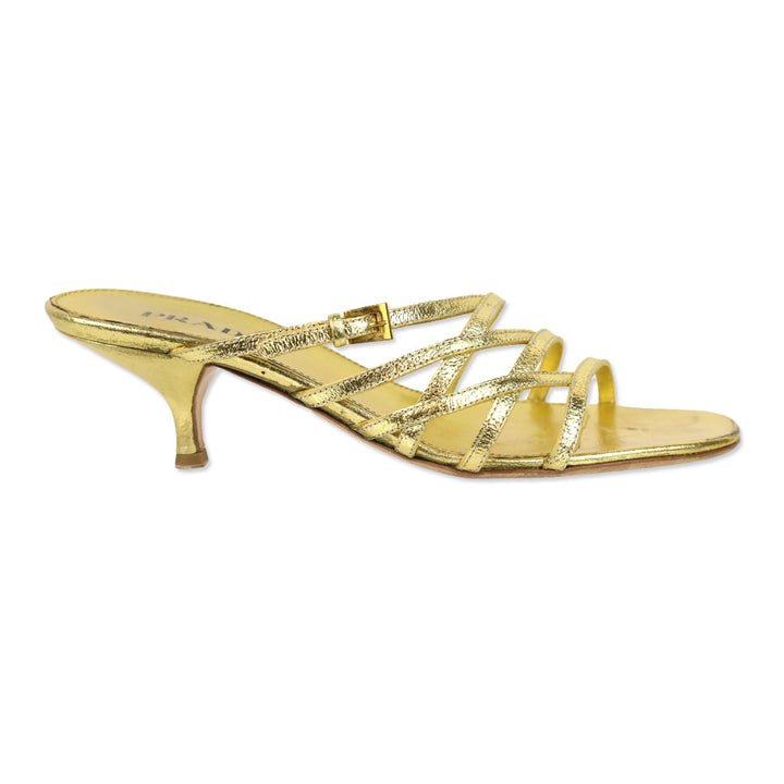 Prada Metallic Gold Leather Strappy Kitten Heel Sandal