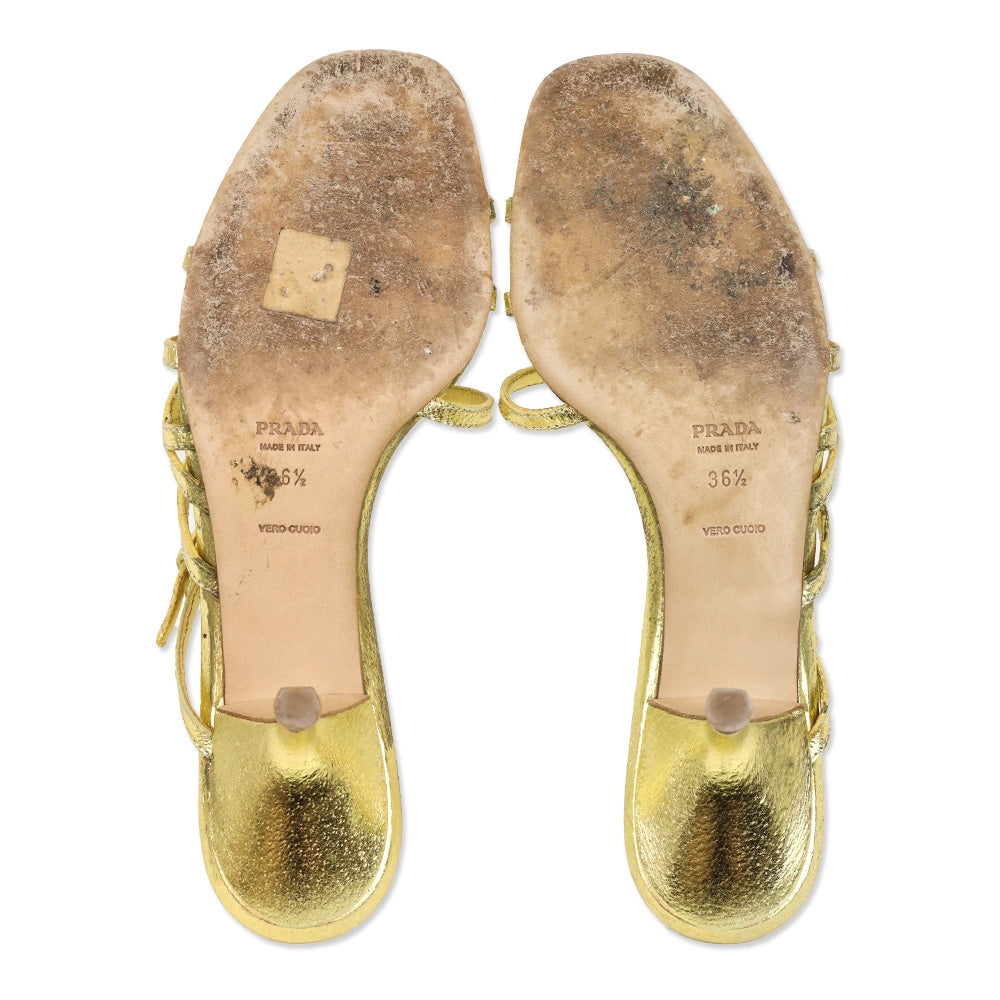 Prada Metallic Gold Leather Strappy Kitten Heel Sandal