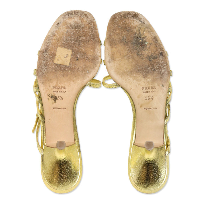 Prada Metallic Gold Leather Strappy Kitten Heel Sandal