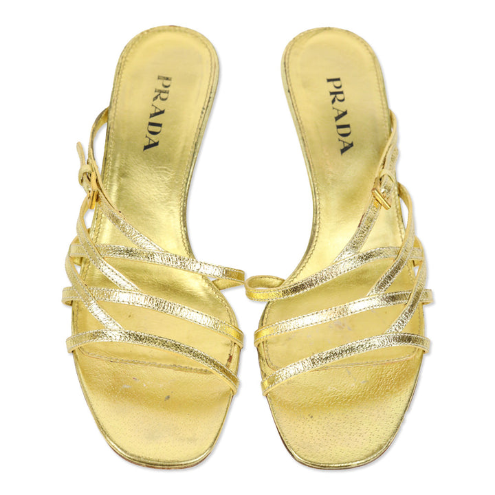 Prada Metallic Gold Leather Strappy Kitten Heel Sandal