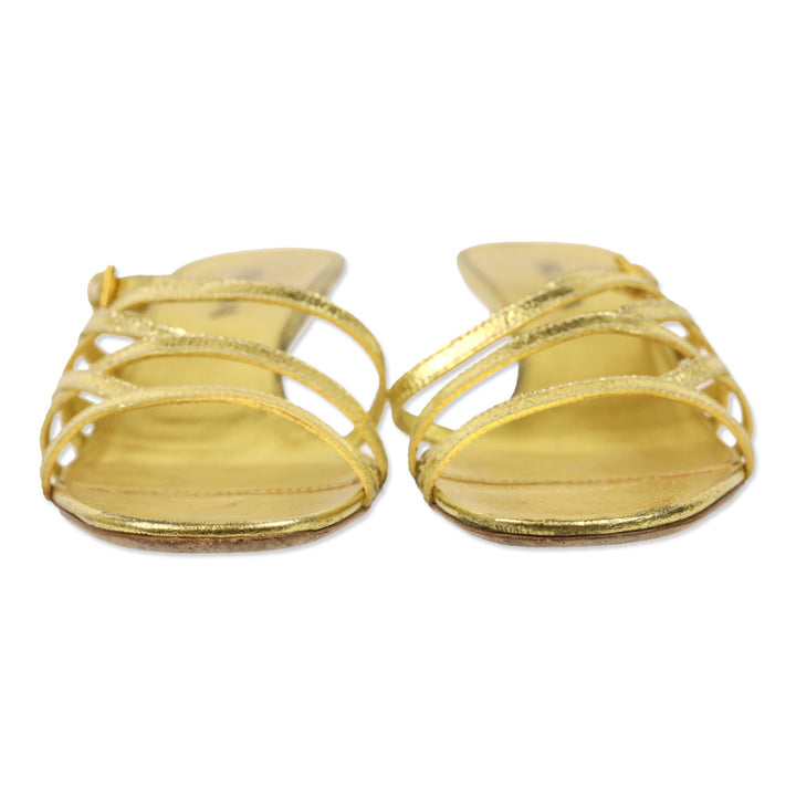 Prada Metallic Gold Leather Strappy Kitten Heel Sandal