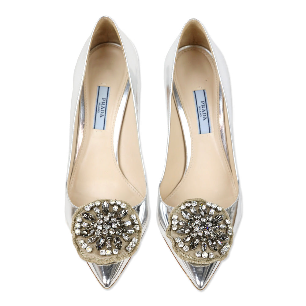 Prada Metallic Leather Crystal Medallion 110mm Pump