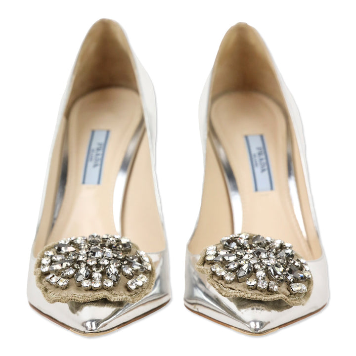 Prada Metallic Leather Crystal Medallion 110mm Pump