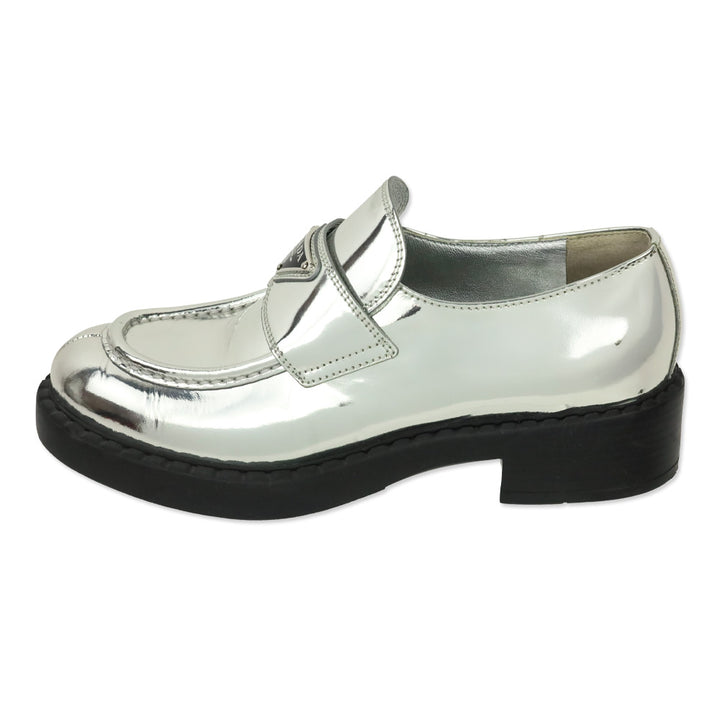 Prada Metallic Silver Brushed Leather Loafers