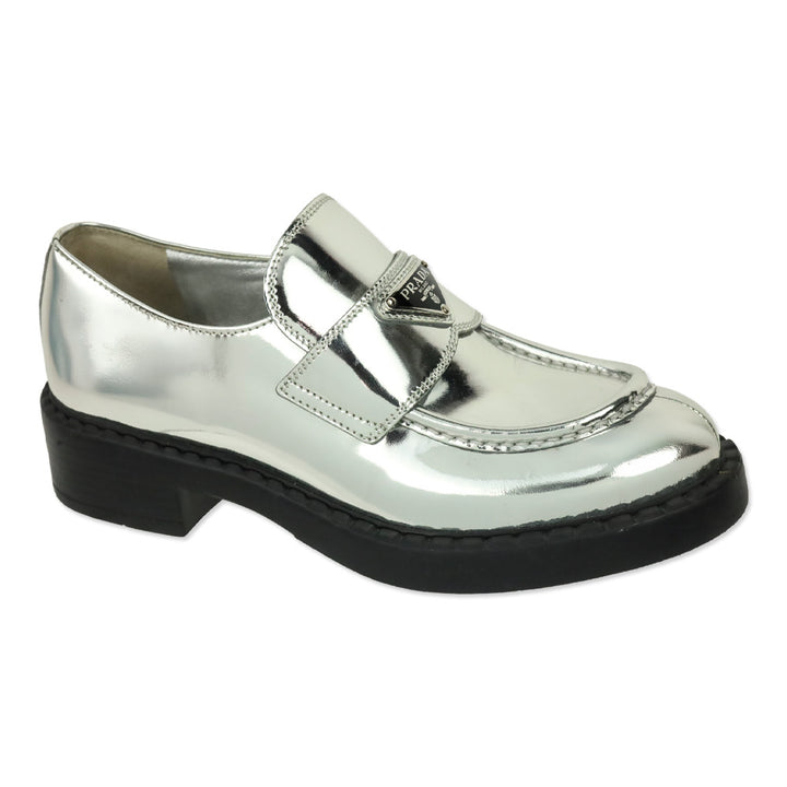 Prada Metallic Silver Brushed Leather Loafers