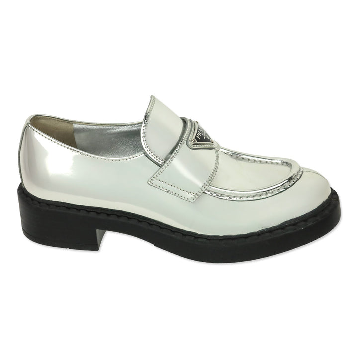 Prada Metallic Silver Brushed Leather Loafers