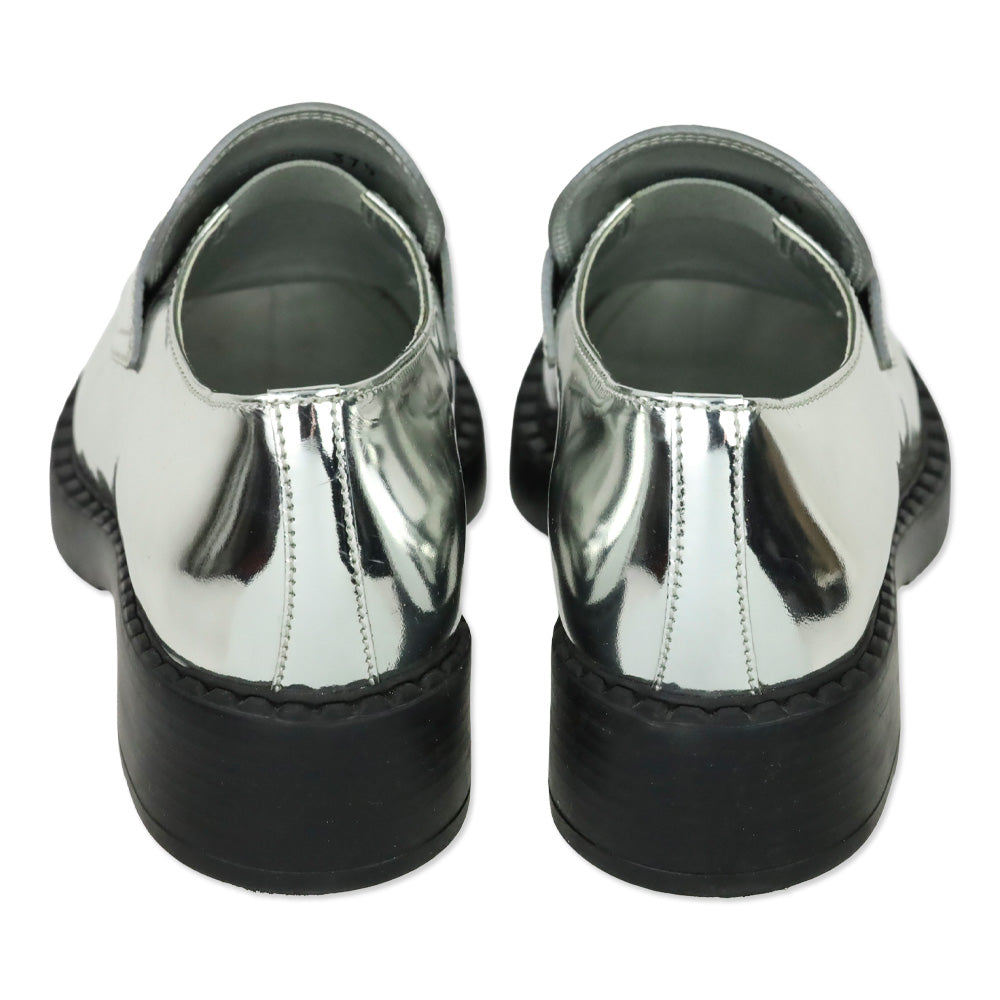 Prada Metallic Silver Brushed Leather Loafers