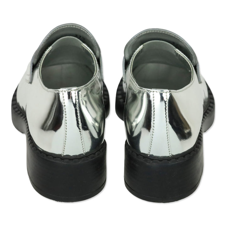 Prada Metallic Silver Brushed Leather Loafers