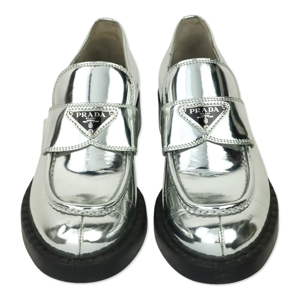 Prada Metallic Silver Brushed Leather Loafers