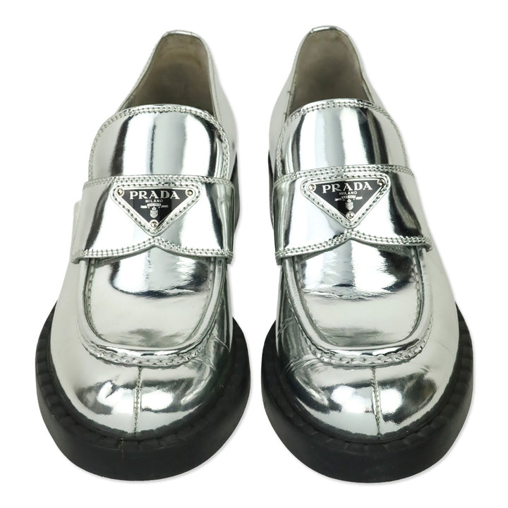 Prada Metallic Silver Brushed Leather Loafers