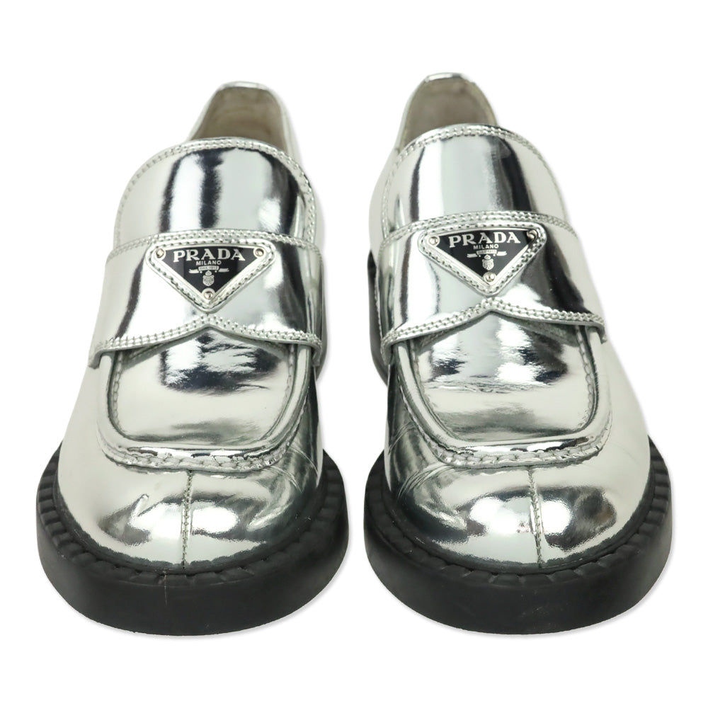 Prada Metallic Silver Brushed Leather Loafers