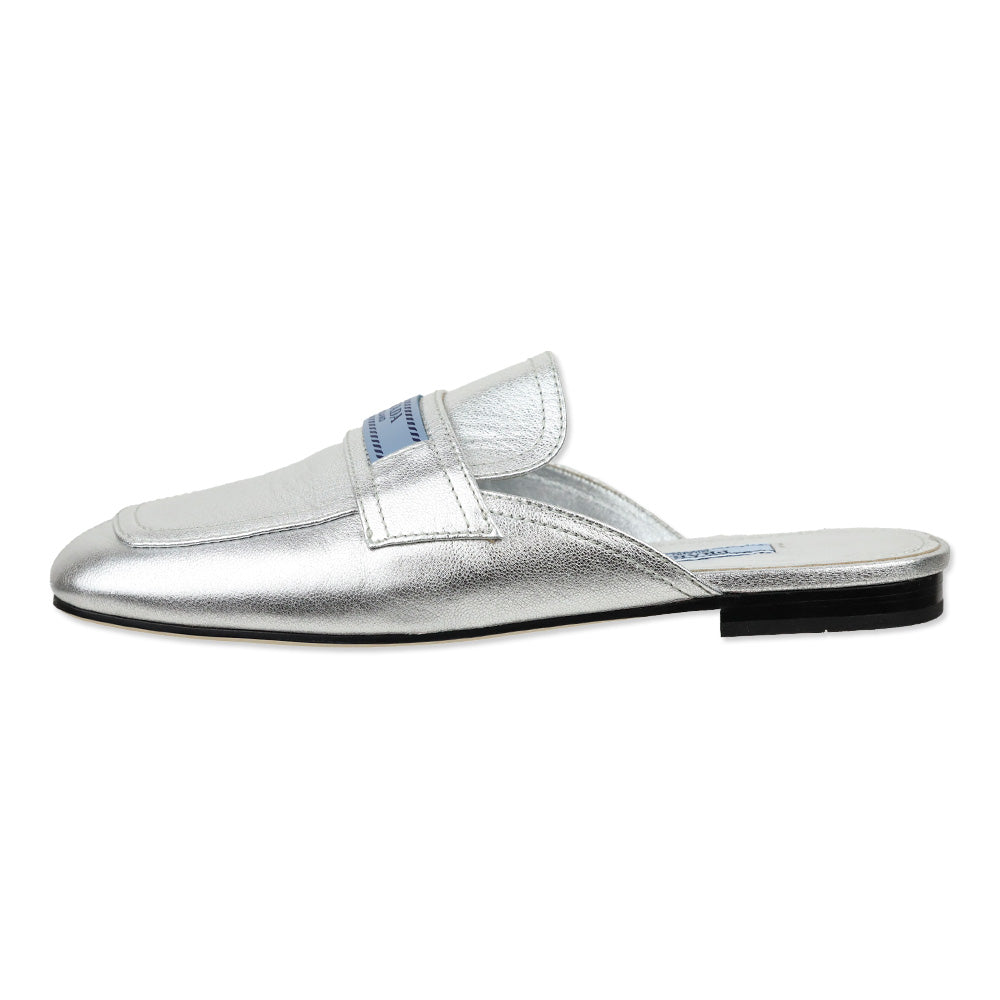Prada Metallic Silver Leather Flat Mules