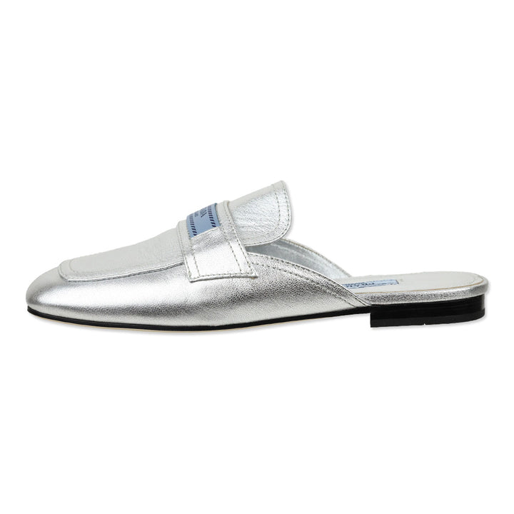 Prada Metallic Silver Leather Flat Mules