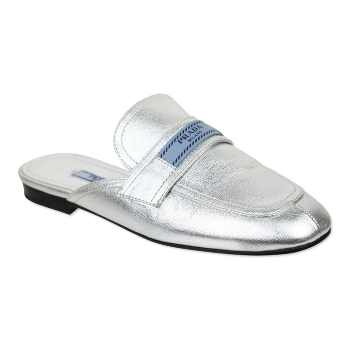 Prada Metallic Silver Leather Flat Mules