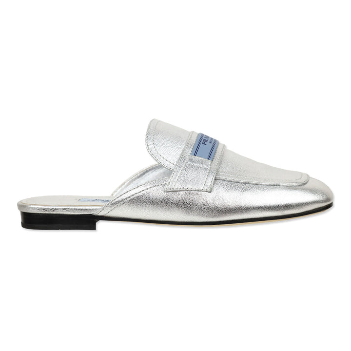 Prada Metallic Silver Leather Flat Mules
