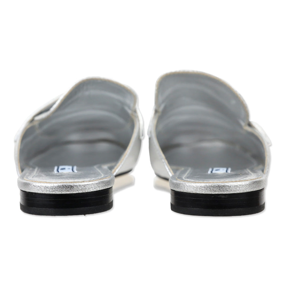 Prada Metallic Silver Leather Flat Mules | DBLTKE Luxury