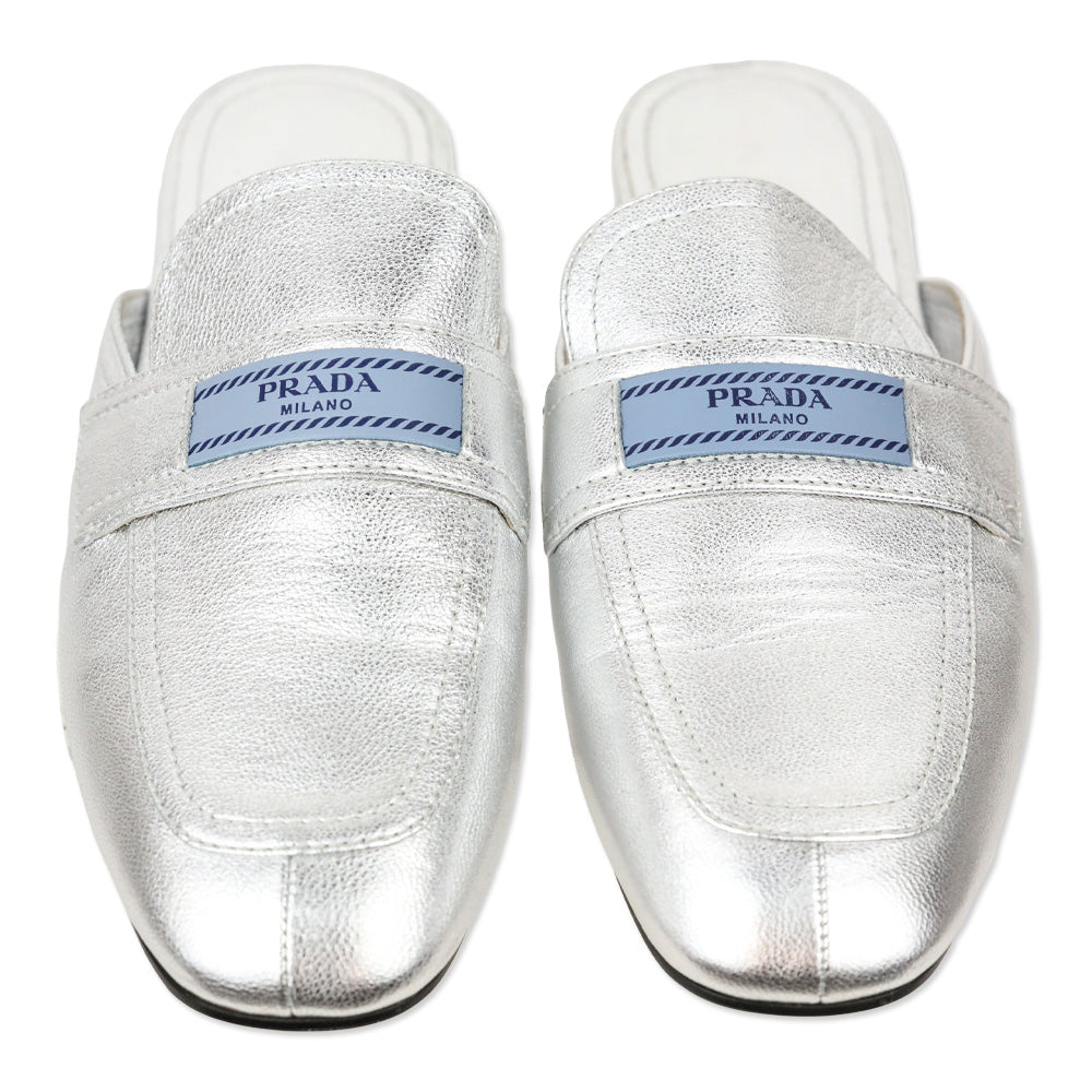 Prada Metallic Silver Leather Flat Mules | DBLTKE Luxury