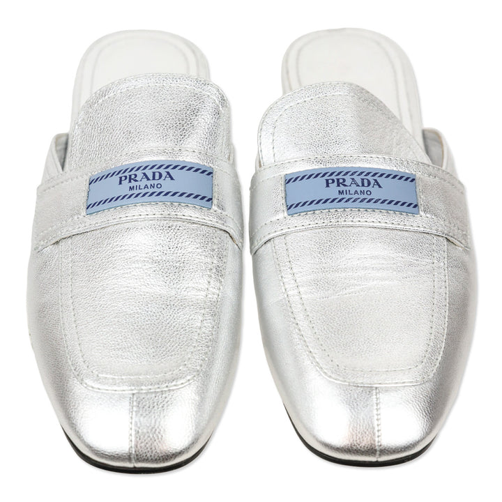 Prada Metallic Silver Leather Flat Mules
