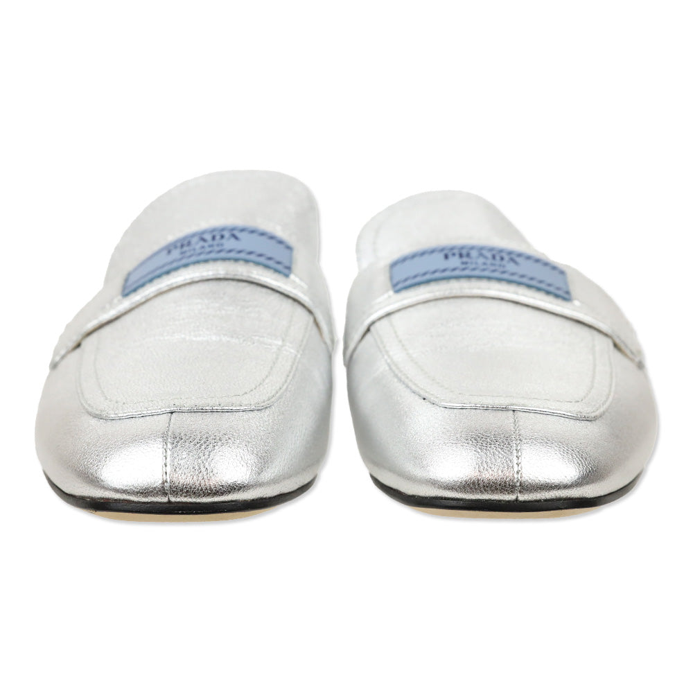 Prada Metallic Silver Leather Flat Mules