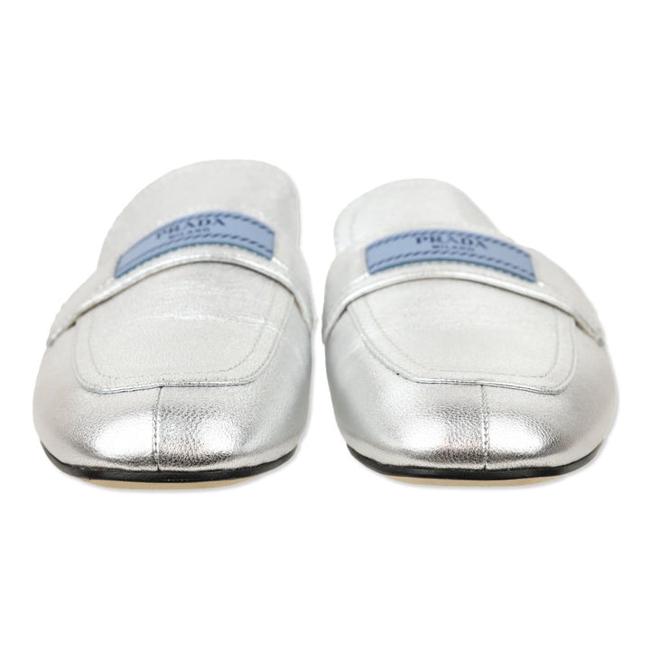 Prada Metallic Silver Leather Flat Mules