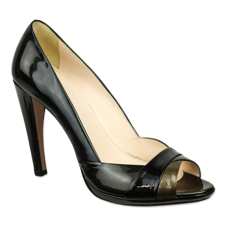 Prada Metallic Tricolor Graphite Patent Leather Peep Toe Pumps
