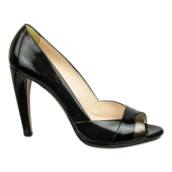 Prada Metallic Tricolor Graphite Patent Leather Peep Toe Pumps