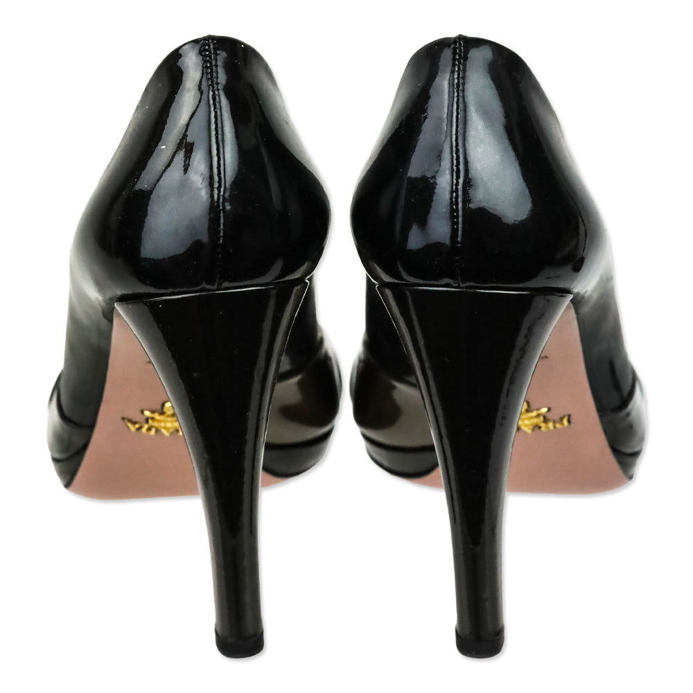 Prada Metallic Tricolor Graphite Patent Leather Peep Toe Pumps