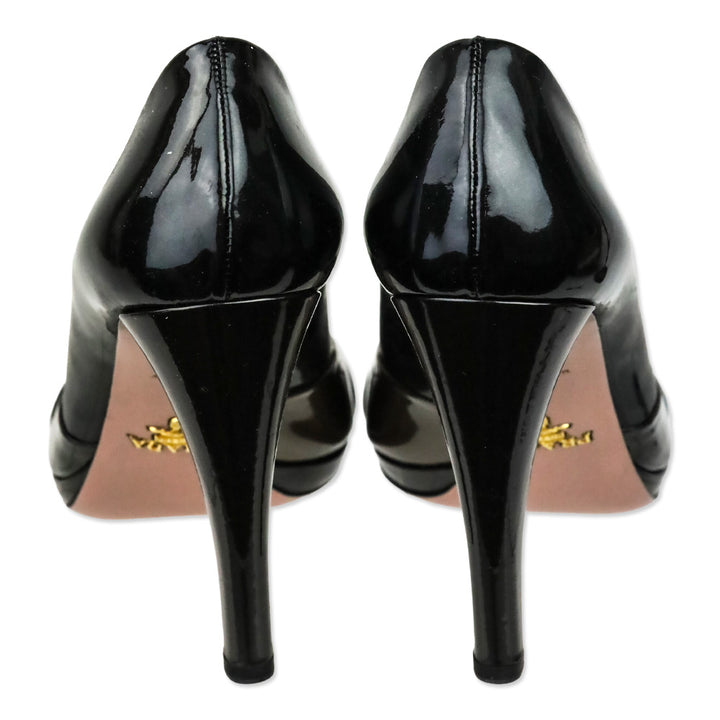 Prada Metallic Tricolor Graphite Patent Leather Peep Toe Pumps
