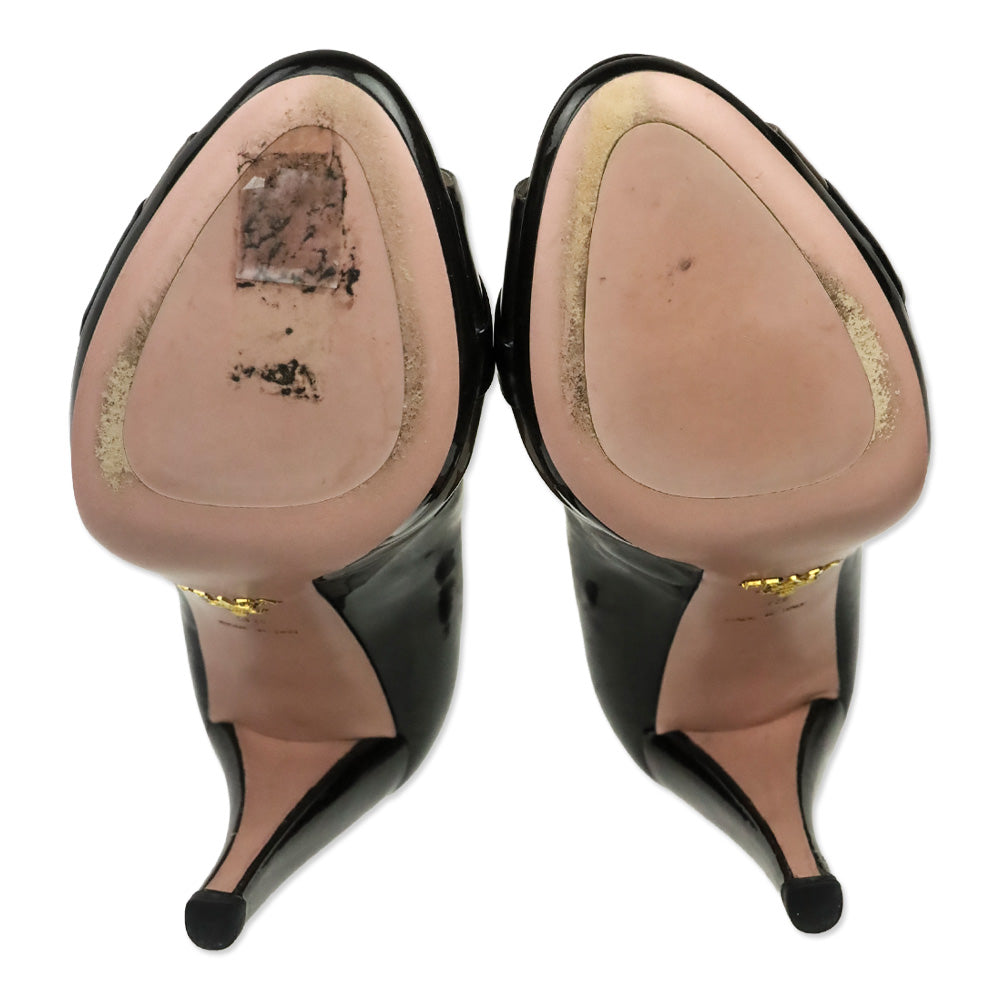 Prada Metallic Tricolor Graphite Patent Leather Peep Toe Pumps