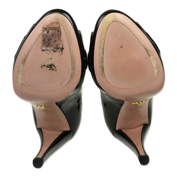 Prada Metallic Tricolor Graphite Patent Leather Peep Toe Pumps