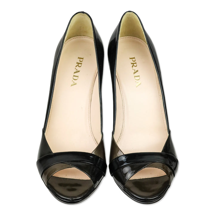 Prada Metallic Tricolor Graphite Patent Leather Peep Toe Pumps