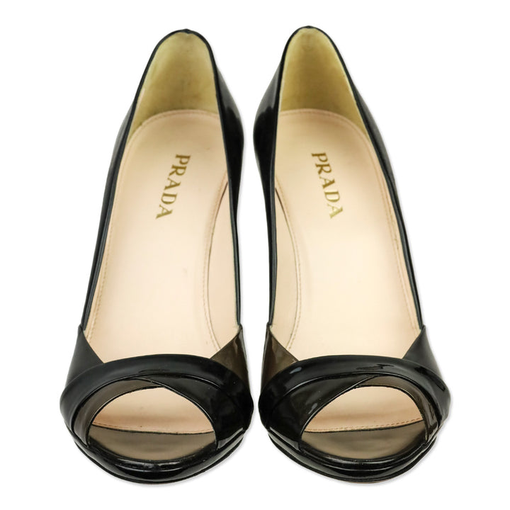 Prada Metallic Tricolor Graphite Patent Leather Peep Toe Pumps