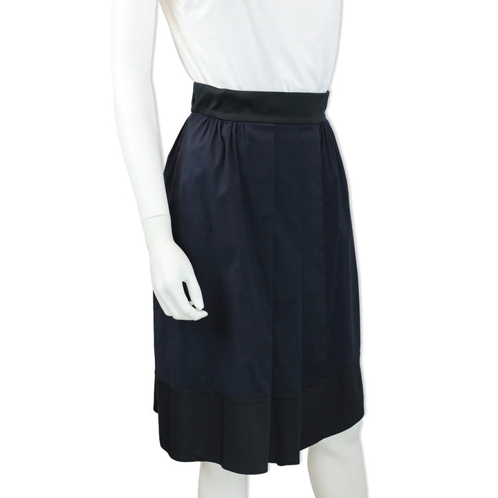 Prada Navy Cotton-Blend Color Blocked Pleated Midi Skirt