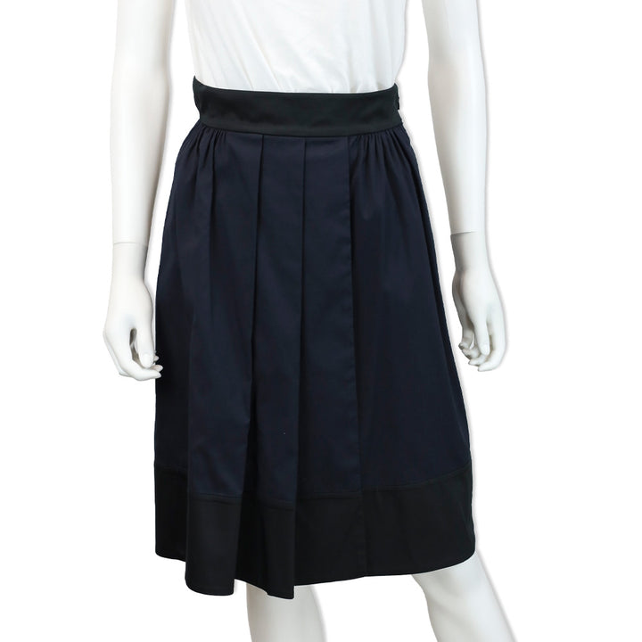 Prada Navy Cotton-Blend Color Blocked Pleated Midi Skirt
