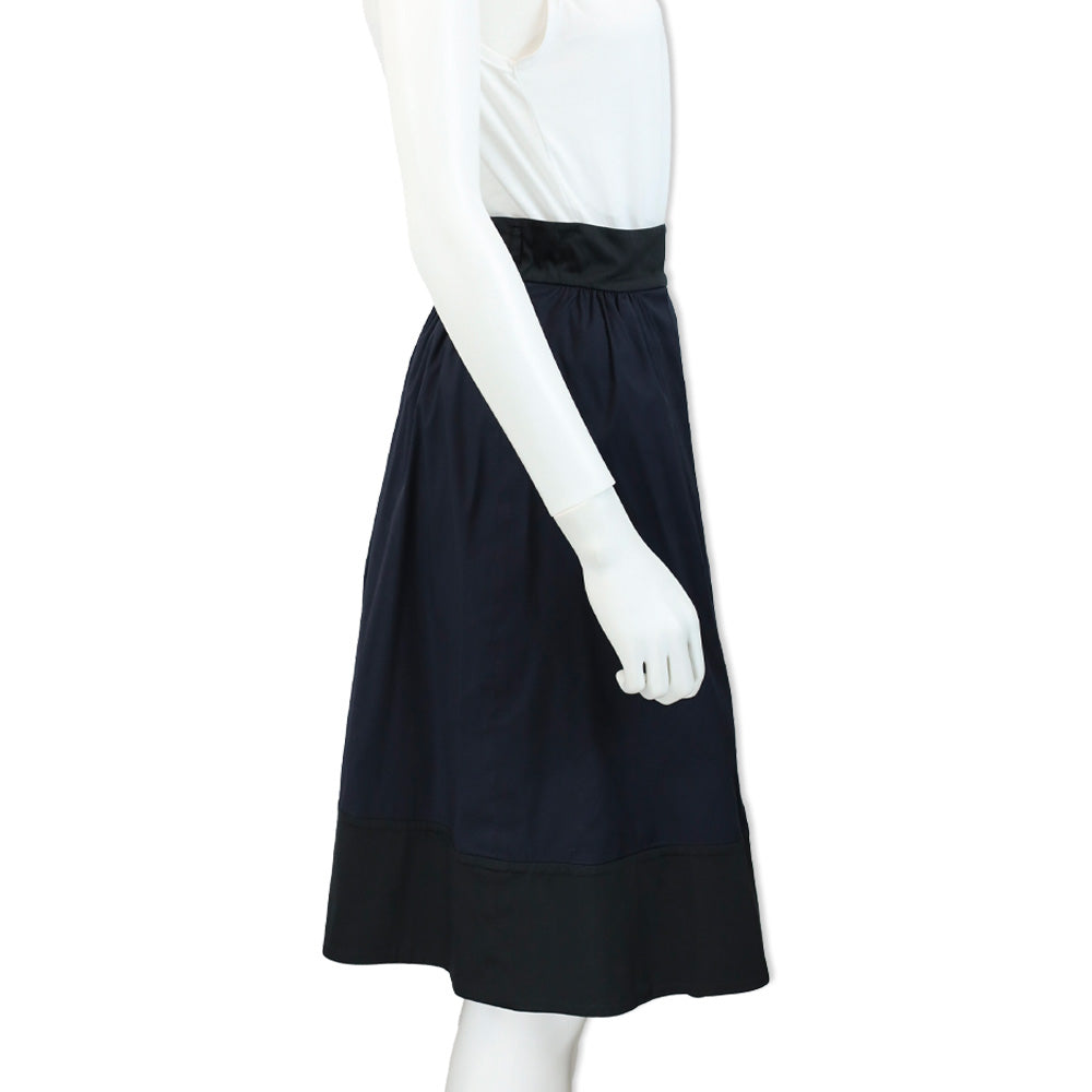 Prada Navy Cotton-Blend Color Blocked Pleated Midi Skirt