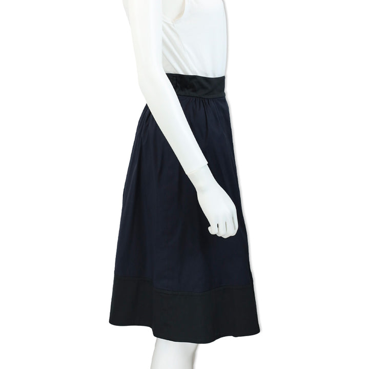 Prada Navy Cotton-Blend Color Blocked Pleated Midi Skirt