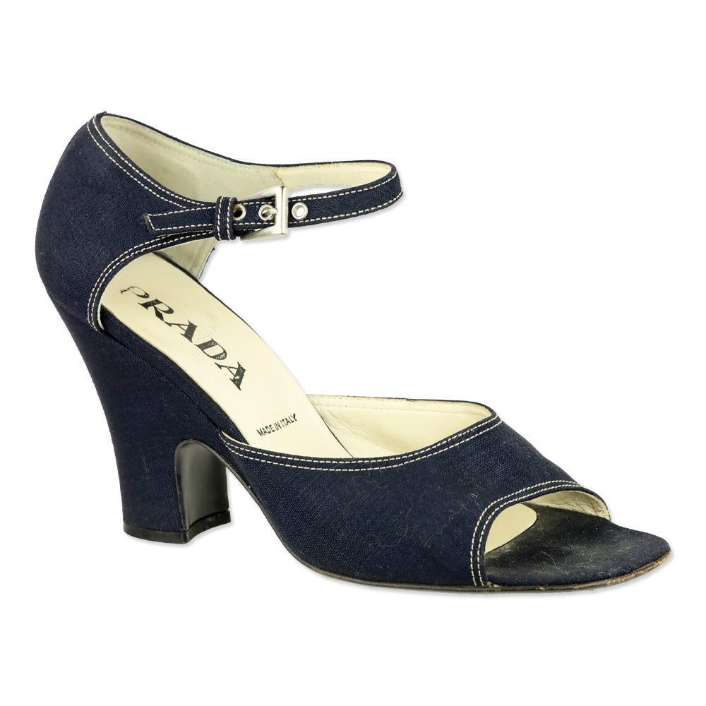Prada Navy Denim Ankle-Strap Peep Toe Pump