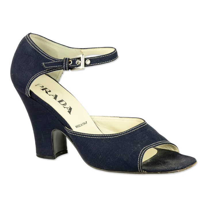 Prada Navy Denim Ankle-Strap Peep Toe Pump