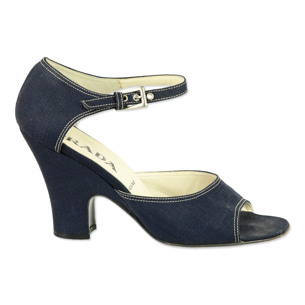 Prada Navy Denim Ankle-Strap Peep Toe Pump