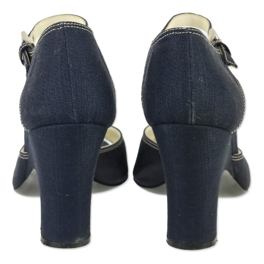 Prada Navy Denim Ankle-Strap Peep Toe Pump