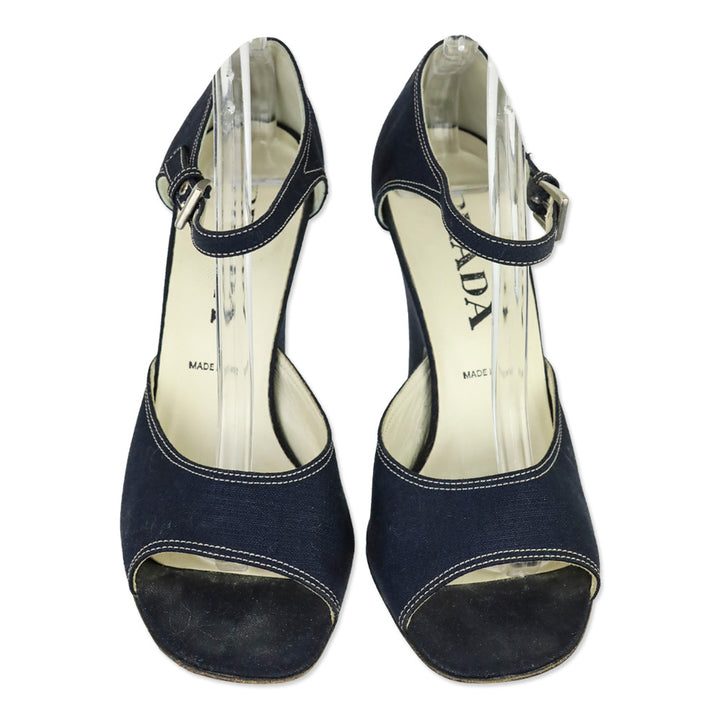 Prada Navy Denim Ankle-Strap Peep Toe Pump