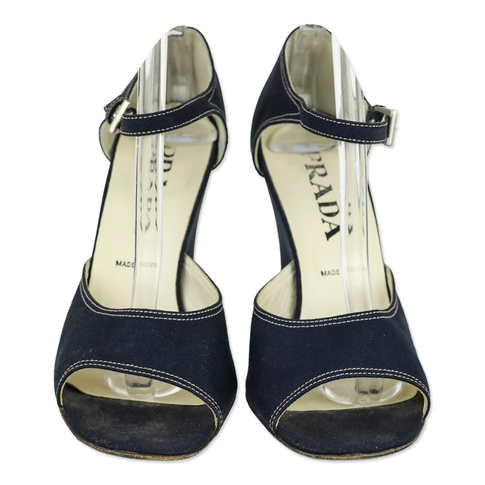 Prada Navy Denim Ankle-Strap Peep Toe Pump