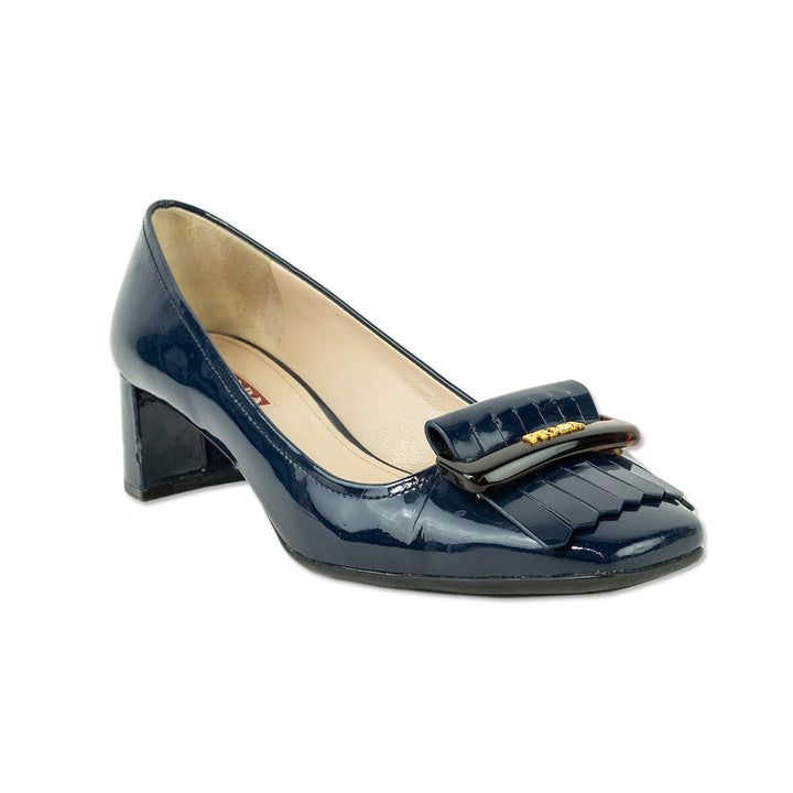 Prada Navy Patent Leather Kiltie Pumps